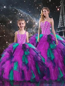 Amazing Multi-color Lace Up Sweetheart Beading and Ruffles Ball Gown Prom Dress Organza Sleeveless