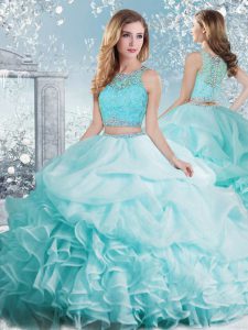 Delicate Aqua Blue Sleeveless Organza Clasp Handle Sweet 16 Dresses for Military Ball and Sweet 16 and Quinceanera