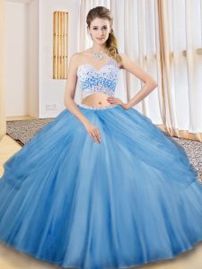 Chic Baby Blue Tulle Criss Cross Sweet 16 Dresses Sleeveless Floor Length Beading and Ruching and Pick Ups