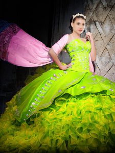 Elegant Yellow Green Ball Gowns Organza Sweetheart Sleeveless Embroidery and Ruffles Lace Up Sweet 16 Dresses Brush Train