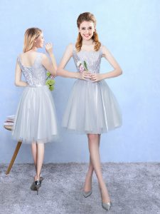 Tulle Square Sleeveless Lace Up Lace Dama Dress in Silver