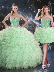 Vintage Sleeveless Floor Length Beading and Ruffles Lace Up Quinceanera Dresses with Apple Green