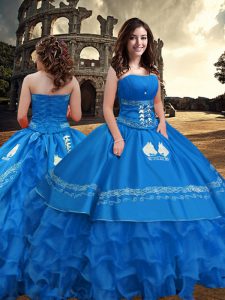Comfortable Floor Length Zipper 15 Quinceanera Dress Blue for Military Ball and Sweet 16 and Quinceanera with Embroidery and Ruffled Layers