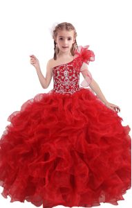 Custom Made Red Lace Up One Shoulder Beading and Ruffles Pageant Gowns For Girls Organza Sleeveless