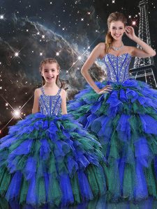 Multi-color Ball Gowns Beading and Ruffles and Ruffled Layers Quinceanera Gowns Lace Up Organza Sleeveless Floor Length