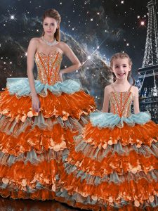 Organza Sweetheart Sleeveless Lace Up Beading and Ruffles Quince Ball Gowns in Multi-color