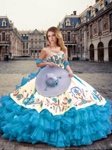 Noble Ball Gowns Quinceanera Dress Aqua Blue Sweetheart Organza Sleeveless Floor Length Lace Up