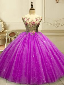 Fuchsia Sweet 16 Dress Military Ball and Sweet 16 and Quinceanera with Appliques and Sequins Scoop Sleeveless Lace Up