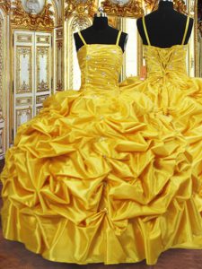 Modest Gold Taffeta Lace Up Quinceanera Dresses Sleeveless Floor Length Beading and Pick Ups