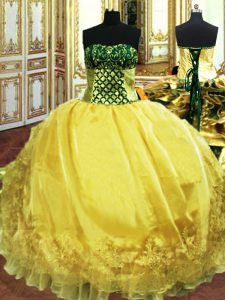 Glamorous Gold Lace Up Sweetheart Embroidery and Ruffles 15th Birthday Dress Organza Sleeveless