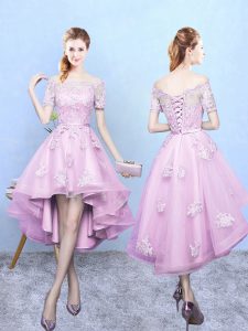 Clearance Short Sleeves Tulle High Low Lace Up Dama Dress for Quinceanera in Rose Pink with Lace