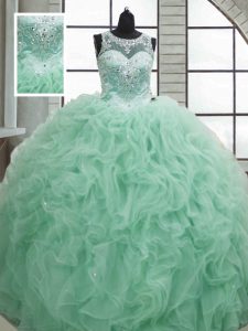 Spectacular Apple Green Ball Gowns Scoop Sleeveless Organza Floor Length Lace Up Beading and Ruffles 15 Quinceanera Dress
