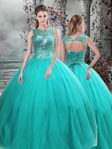 Fabulous Sleeveless Floor Length Beading Lace Up 15th Birthday Dress with Turquoise