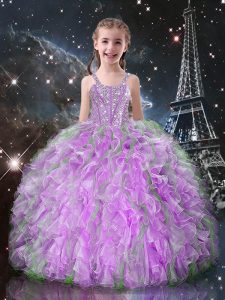 Custom Made Lilac Sleeveless Floor Length Beading and Ruffles Lace Up Little Girl Pageant Gowns