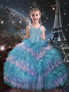 Cheap Teal Ball Gowns Organza Straps Sleeveless Beading and Ruffled Layers Floor Length Lace Up Girls Pageant Dresses