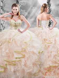 Vintage Organza Sleeveless 15 Quinceanera Dress Brush Train and Beading and Ruffles
