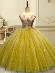 Dramatic Floor Length Lace Up Quinceanera Dresses Gold for Military Ball and Sweet 16 and Quinceanera with Appliques and Sequins