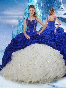 Customized Blue And White Sleeveless Ruffled Layers and Pick Ups Lace Up 15 Quinceanera Dress