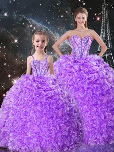 Lavender Ball Gowns Sweetheart Sleeveless Organza Floor Length Lace Up Beading and Ruffles Sweet 16 Quinceanera Dress