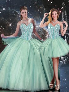 Turquoise Ball Gown Prom Dress Military Ball and Sweet 16 and Quinceanera with Beading Sweetheart Sleeveless Lace Up