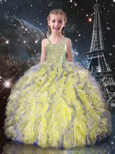 Ball Gowns Pageant Dress for Teens Light Yellow Straps Organza Sleeveless Floor Length Lace Up