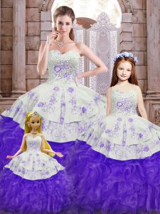 Smart Floor Length Lace Up Sweet 16 Dress White And Purple for Military Ball and Sweet 16 and Quinceanera with Beading and Appliques and Ruffles