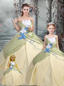 Attractive Champagne Sleeveless Ruching and Hand Made Flower Floor Length Ball Gown Prom Dress