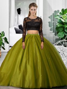 Edgy Olive Green Tulle Backless Scoop Long Sleeves Floor Length Quinceanera Dresses Lace and Ruching