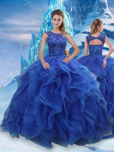 Glittering Scoop Sleeveless Quinceanera Dresses Floor Length Beading and Ruffles Blue Organza