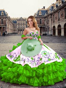 Shining Sleeveless Floor Length Embroidery and Ruffled Layers Lace Up Quinceanera Dresses with Green