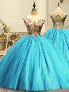 Low Price Sleeveless Lace Up Floor Length Appliques and Sequins Sweet 16 Quinceanera Dress
