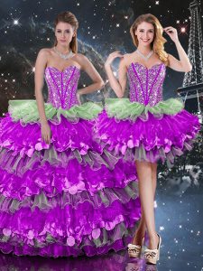 Multi-color Lace Up Sweetheart Beading and Ruffles and Ruffled Layers Vestidos de Quinceanera Organza Sleeveless