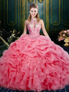 Flare Watermelon Red Halter Top Lace Up Beading and Ruffles and Pick Ups Sweet 16 Quinceanera Dress Sleeveless