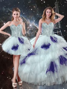 Floor Length Multi-color 15 Quinceanera Dress Tulle Sleeveless Beading and Ruffled Layers and Sequins