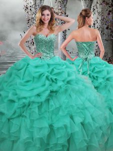 Amazing Turquoise Lace Up Quinceanera Dresses Beading and Ruffles Sleeveless Floor Length