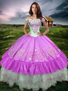Luxurious Floor Length Lilac Ball Gown Prom Dress Off The Shoulder Sleeveless Lace Up