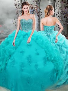 Exquisite Aqua Blue Organza Lace Up Quinceanera Gowns Sleeveless Floor Length Beading and Appliques and Pick Ups