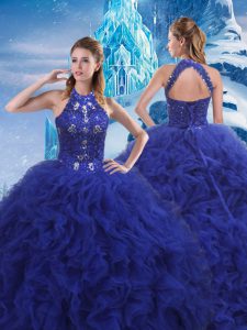 Customized Scoop Sleeveless Brush Train Lace Up 15th Birthday Dress Blue Organza