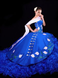 Royal Blue Ball Gowns Embroidery and Ruffles Quinceanera Gown Lace Up Organza Sleeveless