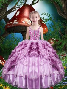 Trendy Lilac Little Girl Pageant Dress Quinceanera and Wedding Party with Beading and Ruffles and Ruffled Layers Straps Sleeveless Lace Up