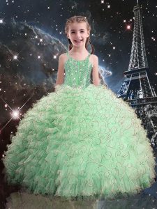 Sweet Apple Green Ball Gowns Straps Sleeveless Organza Floor Length Lace Up Beading and Ruffles Little Girls Pageant Dress