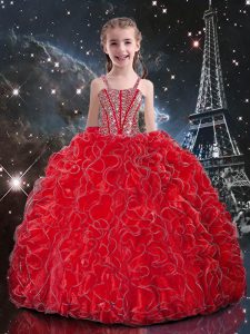 Sleeveless Organza Floor Length Lace Up Pageant Dress Womens in Coral Red with Beading and Ruffles