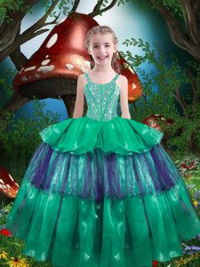 Low Price Green Organza Lace Up Straps Sleeveless Floor Length Pageant Dress for Womens Beading and Ruffled Layers