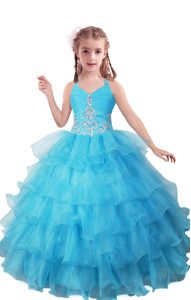 V-neck Sleeveless Zipper Pageant Dress Womens Baby Blue Organza