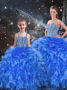 Flare Royal Blue Lace Up Quinceanera Gown Beading and Ruffles Sleeveless Floor Length