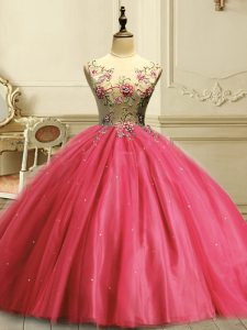 Coral Red Tulle Lace Up Quince Ball Gowns Sleeveless Floor Length Appliques and Sequins