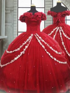 Trendy Off The Shoulder Sleeveless Tulle Quinceanera Dress Appliques and Pick Ups Brush Train Lace Up