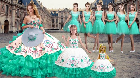 Ideal Sweetheart Sleeveless Sweet 16 Dress Floor Length Embroidery and Ruffled Layers Turquoise Organza