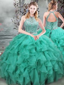 Classical Sleeveless Beading and Ruffles Lace Up Sweet 16 Dress with Turquoise Brush Train