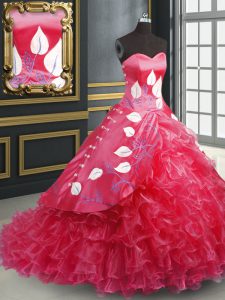 High Class Lace Up Sweet 16 Dresses Coral Red for Military Ball and Sweet 16 and Quinceanera with Embroidery and Ruffled Layers Brush Train